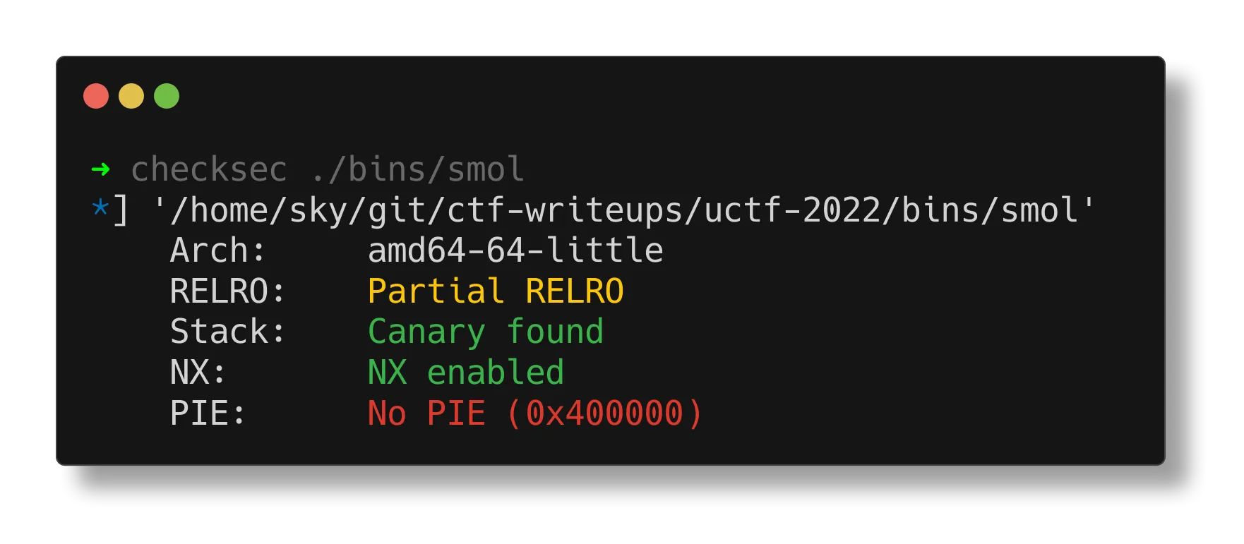 checksec of smol; no PIE but it has a canary